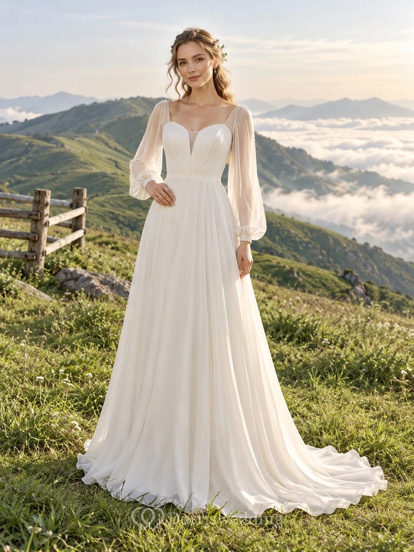 Vestido de novia sencillo de gasa con escote corazón y mangas largas, corte A, estilo campestre.