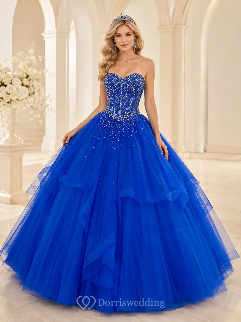 Royal Blue Luxury Strapless Sweetheart Crystal Layered Quinceanera Princess Formal Ball Gown