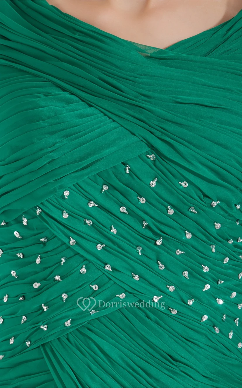 Knielanges, gerafftes Kleid mit U-Boot-Ausschnitt, Tüllüberwurf und Perlenstickerei view 6