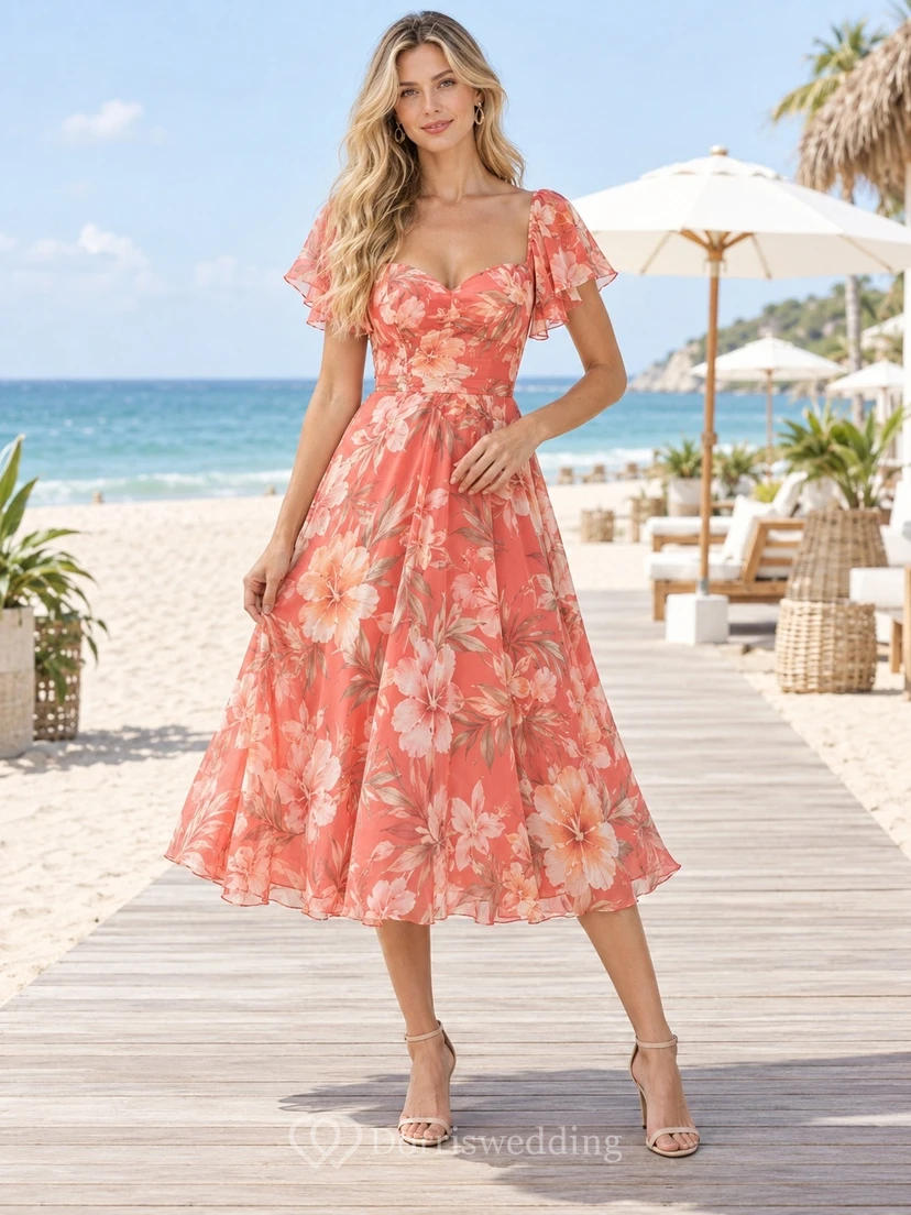 Vestido de playa de manga corta, largo midi, corte A, con escote en V y estampado floral coral.