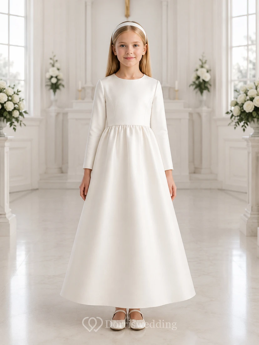 Knöchellanges Kleid mit Satinschleife für Kommunionmädchen, Kommunionkleid