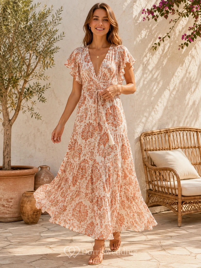 Bohemian Coral Floral V-Neck Flutter Sleeve Chiffon A-Line Floor-Length Dress