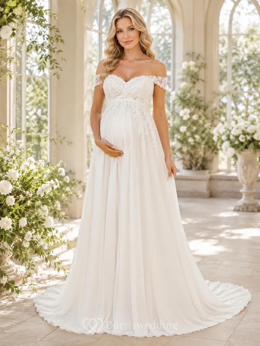 Vestido de novia de maternidad estilo imperio con hombros descubiertos y cola de encaje