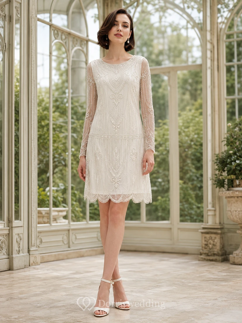 Vintage Bateau Long Illusion Geometric Crochet Lace Sheath Knee Length Wedding Dress
