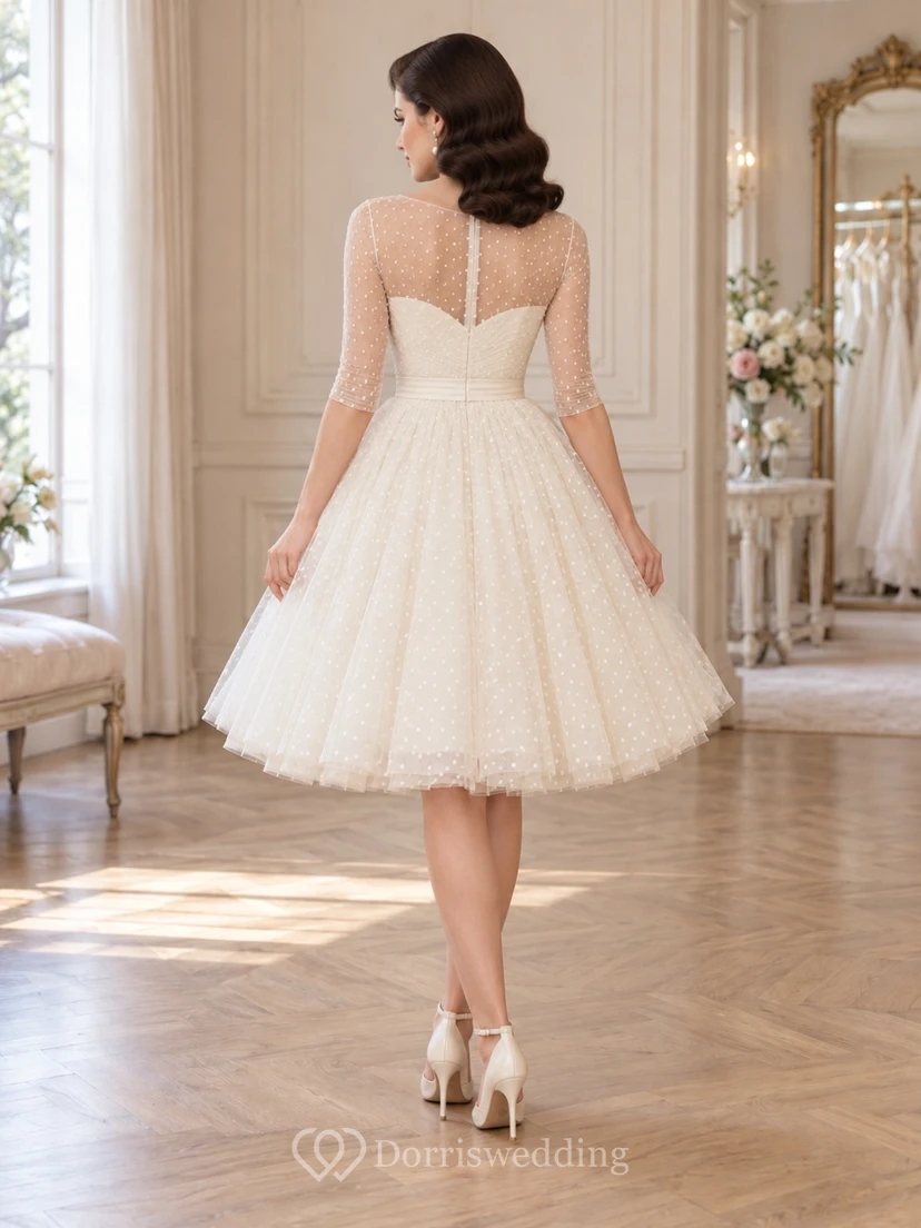 Vintage Knee Length Illusion Sleeve Sweetheart Tulle A-line Wedding Dress view 2