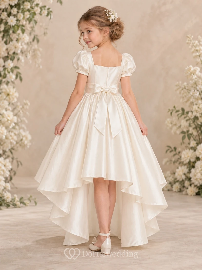 High-low Ivory Sweetheart Puff Sleeve Gathered Sashed Satin A-Line Bow Flowergirl Dress view 2