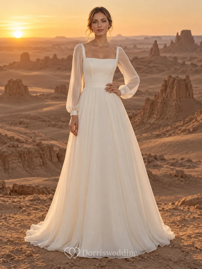 Vestido de novia sencillo de gasa con escote cuadrado y mangas largas, corte en A