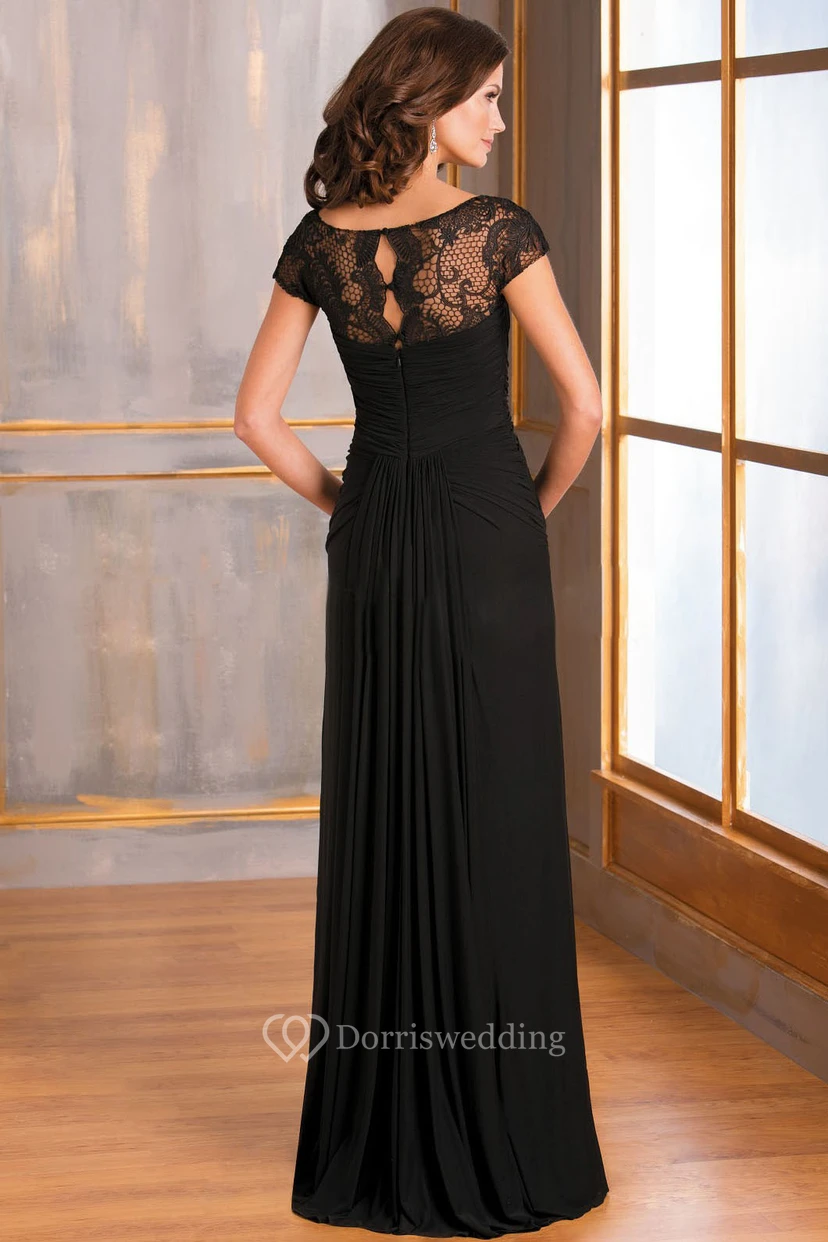 Robe longue à manches courtes froncée pour la mère de la mariée, avec encolure en dentelle illusion view 2
