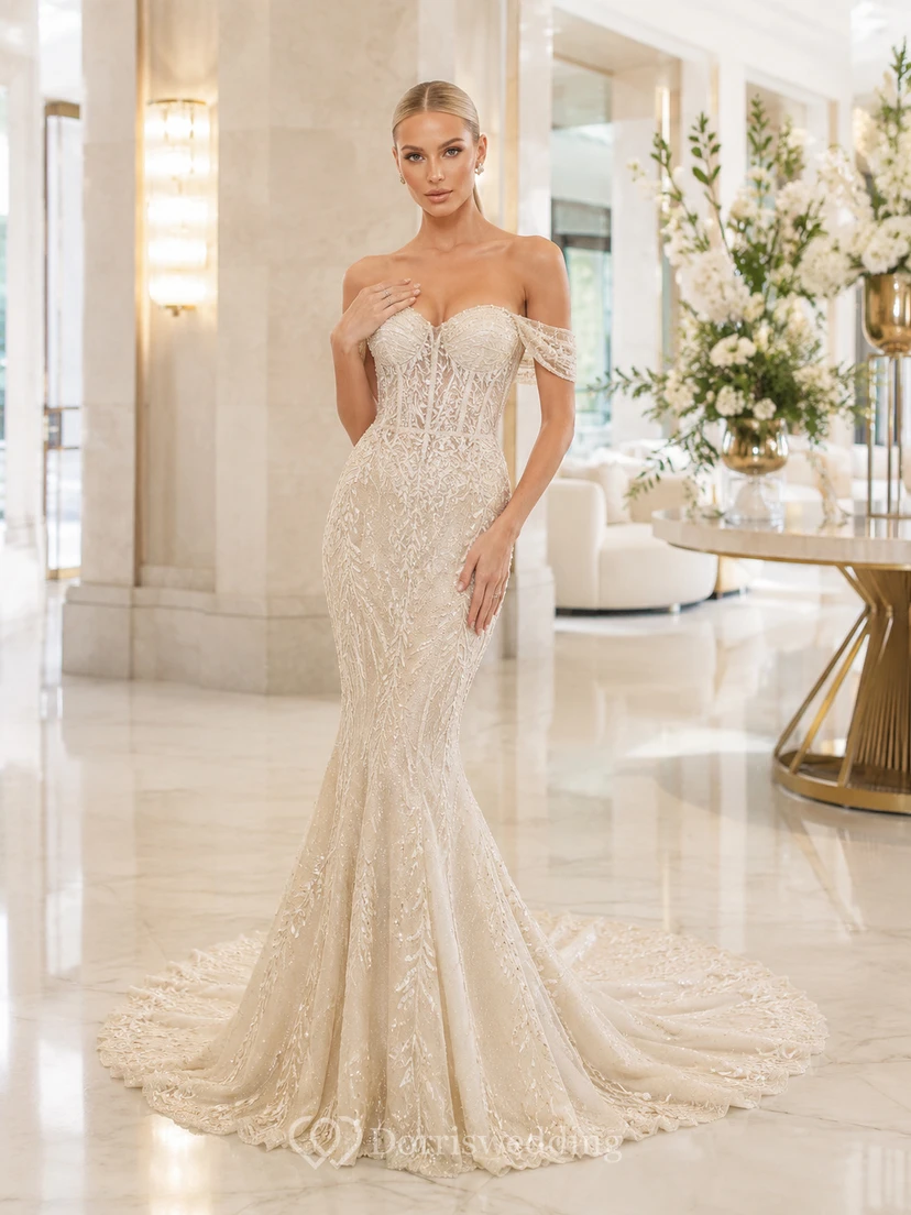 Robe de mariée sirène en dentelle florale à épaules dénudées et manches courtes