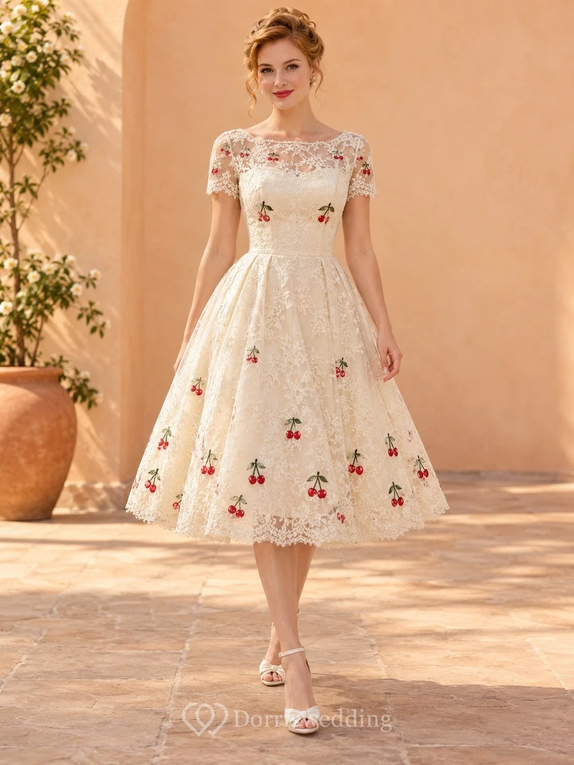 Kurzärmeliges Rockabilly-Kleid mit Kirschstickerei, Spitze und Teelänge in A-Linie
