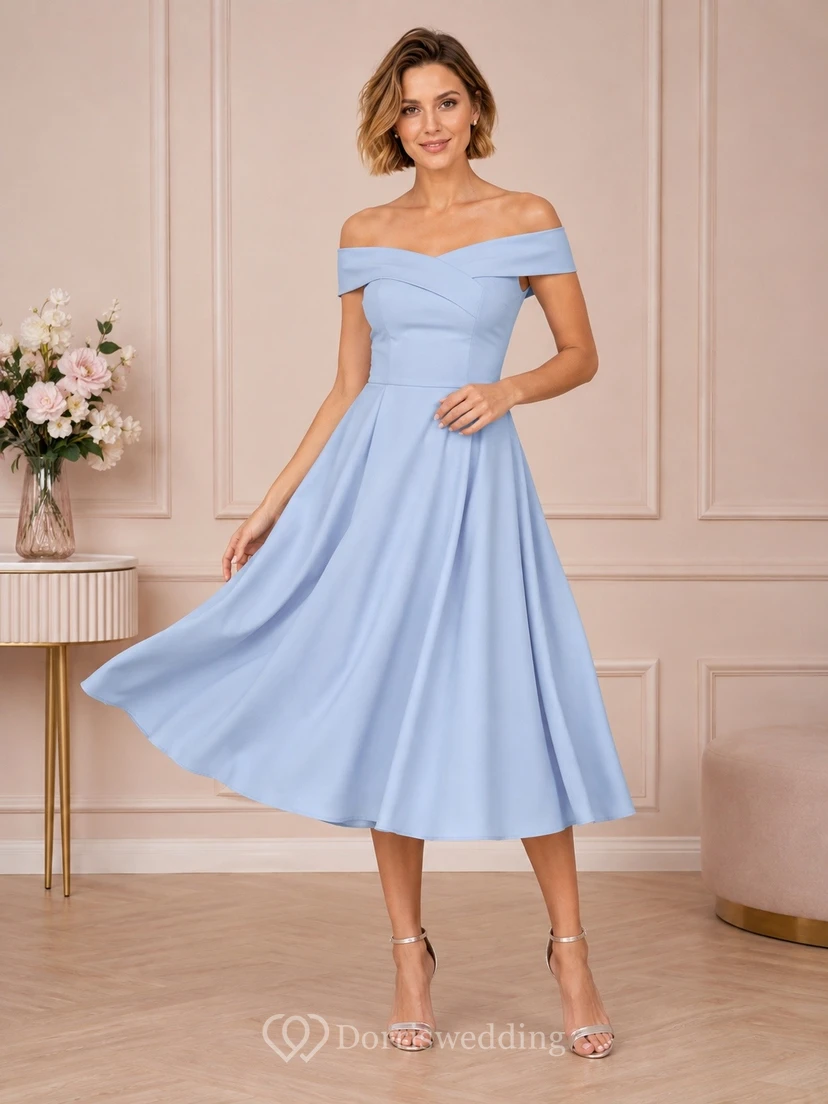 Sky Blue Off-the-shoulder Short Sleeve Satin Midi Dress