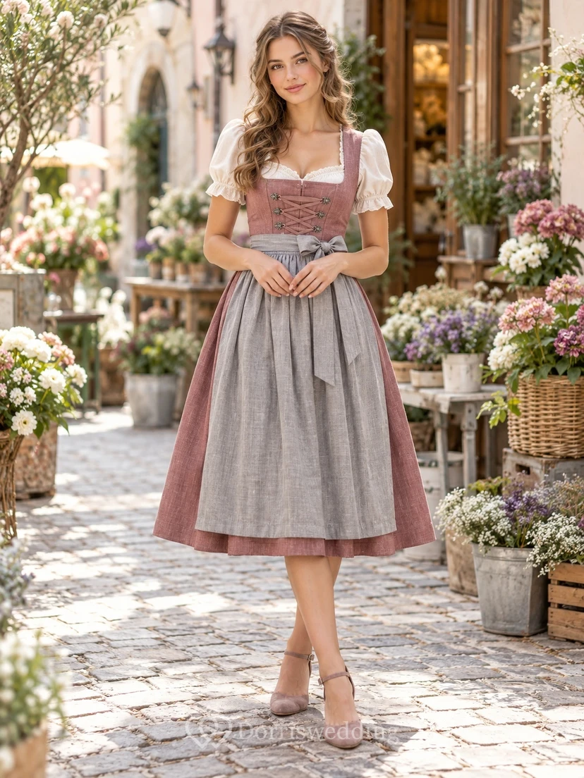 Robe Dirndl midi vintage rose poudré à col carré et laçage, tablier