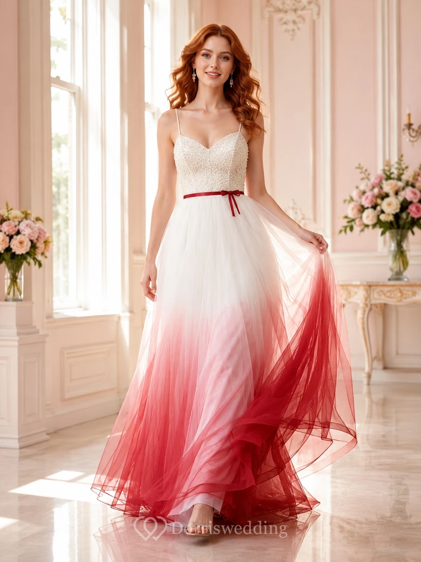Rotes, bodenlanges, romantisches Brautkleid aus Ombré-Tüll mit Spaghettiträgern, ärmellos, A-Linie