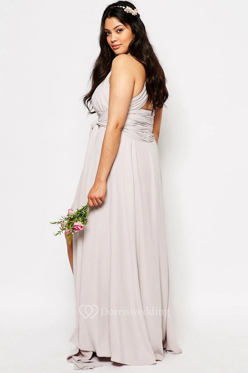 Halter Sleeveless Ruched Chiffon Sage Green Bridesmaid Dress With Split Front view 2