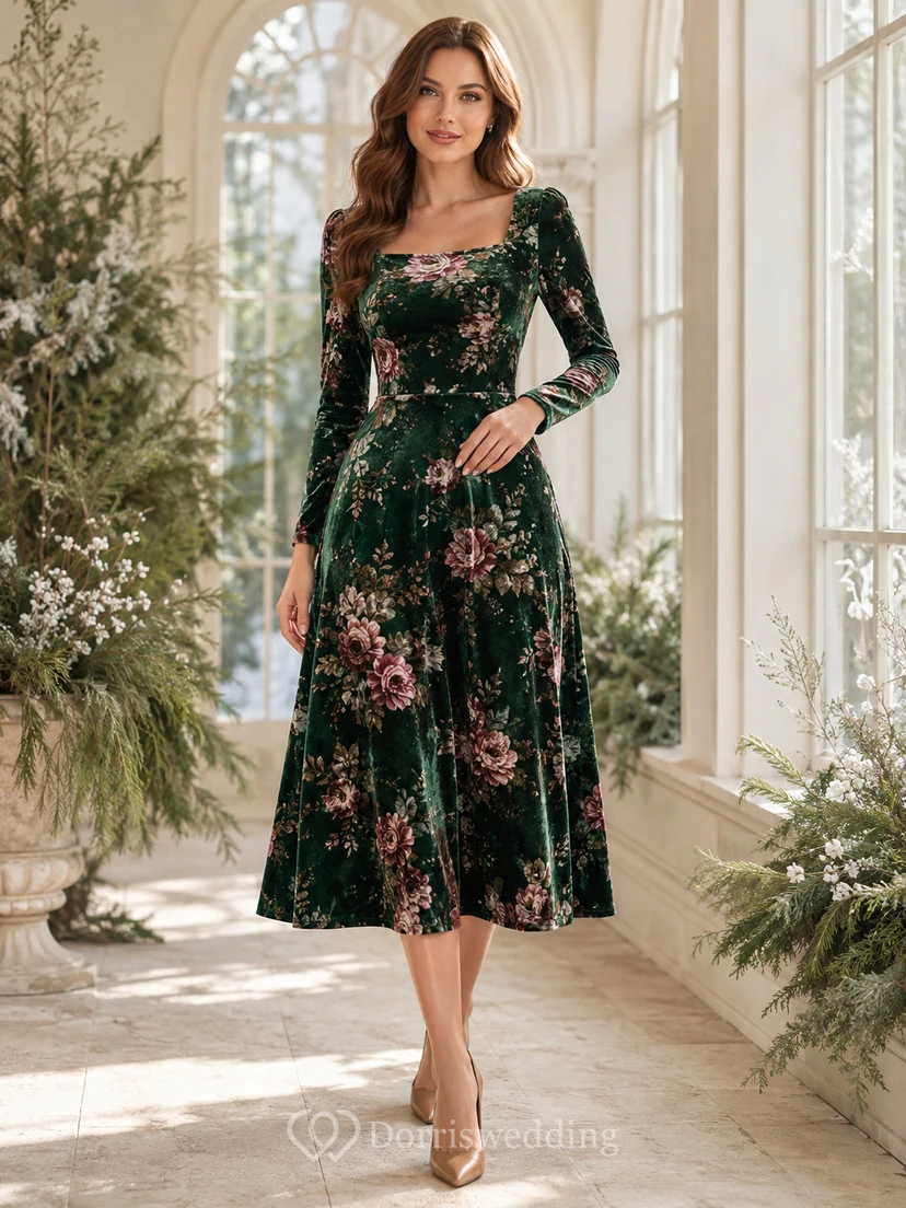 Robe midi trapèze à col carré et manches longues en velours à motif floral émeraude