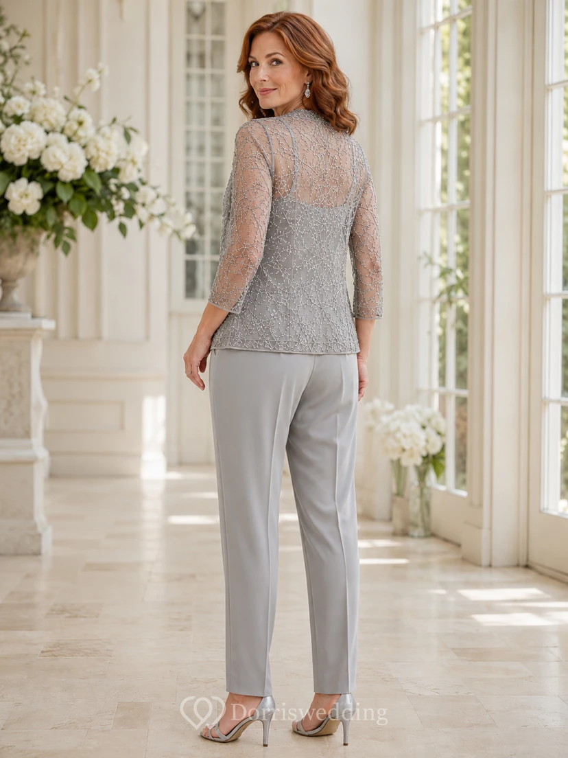 Silberner Jumpsuit für Mütter mit V-Ausschnitt, Wickeloberteil, transparenter Spitzenjacke und Knöchelhose view 2