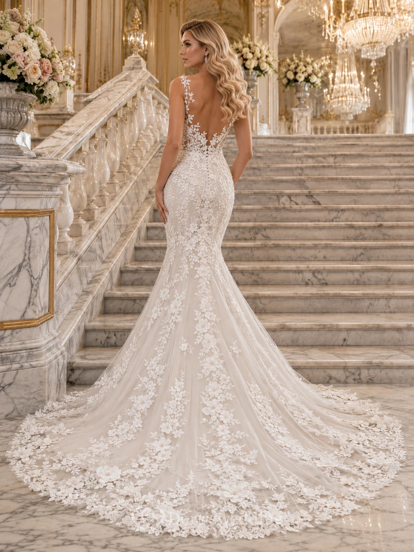Vestido de novia de lujo para salón de baile con cola y apliques florales de sirena view 2