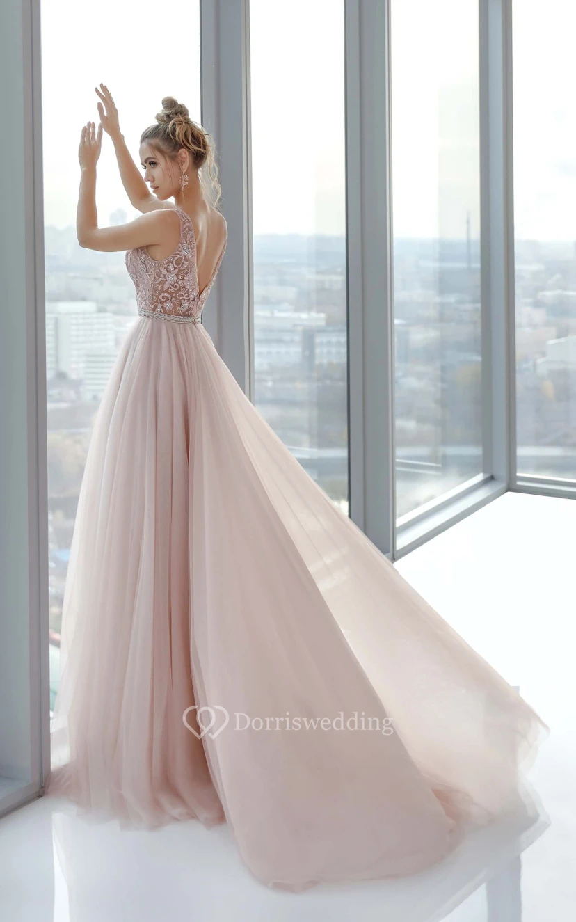 Blush V-neck Notched Sleeveless Empire Tulle Prom Dress with Beaded Top view 2