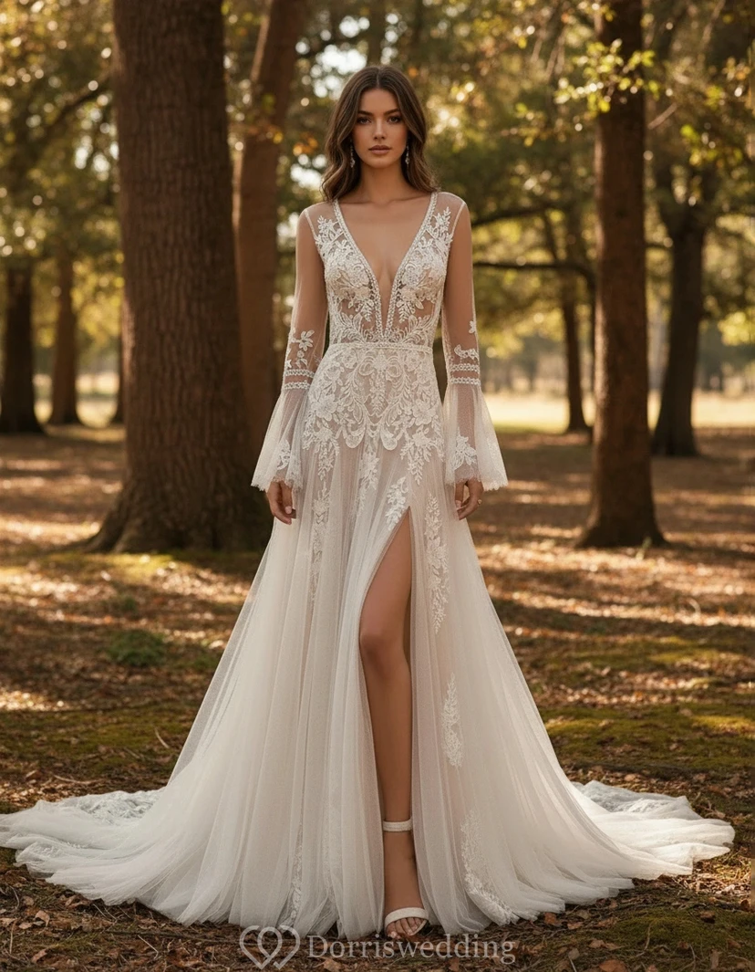 Boho-Glam Wedding Dress with Long Bell Sleeves, Plunge Neck & High Leg Slit