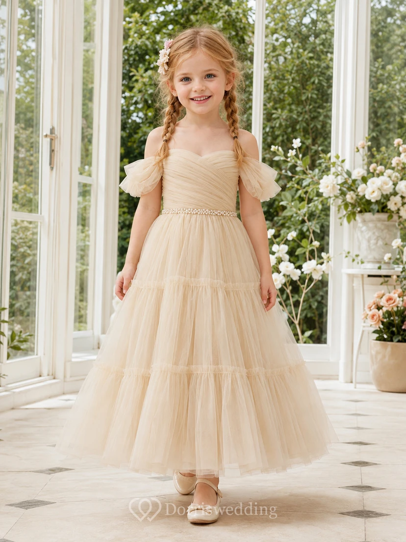 Flower Girl Dress Champagne Tulle A-Line Short Sleeve Off Shoulder Tea Length Ruffle Detail Tiered Skirt