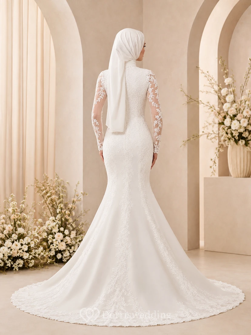 Schlichtes muslimisches Meerjungfrauen-Hochzeitskleid mit hohem Kragen und Spitzenärmeln view 2