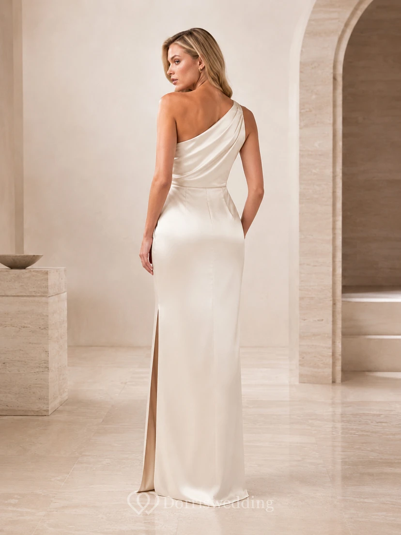 Soft Neutral Minimalist One-Shoulder Slit Satin Evening Dress view 2
