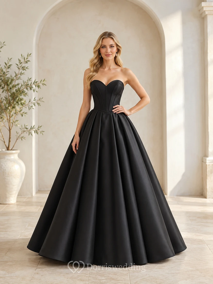 Vestido de fiesta de lujo de satén negro, largo hasta el suelo, sin tirantes y sin mangas, de la marca Nocturne Crown.