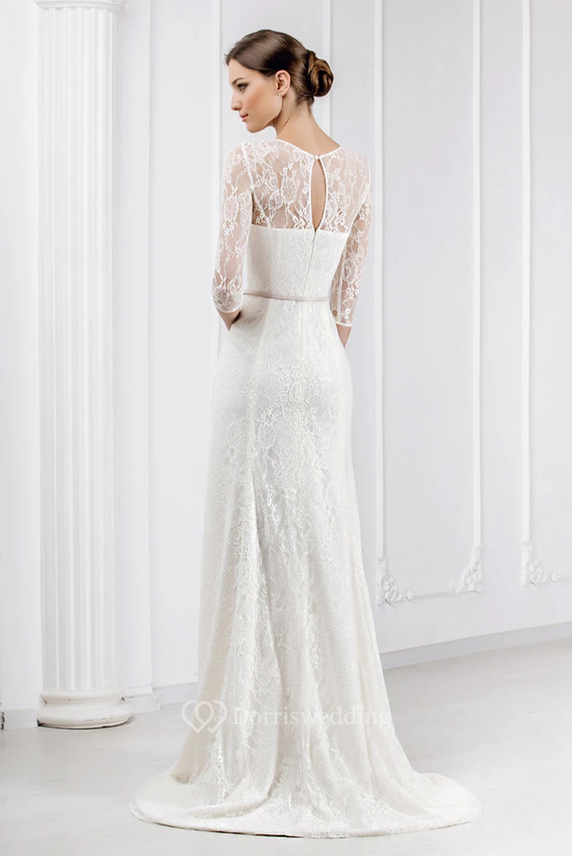 Sheath Ribboned Jewel Neck 3-4 Sleeve Lace Wedding Dress With Brush Train view 2