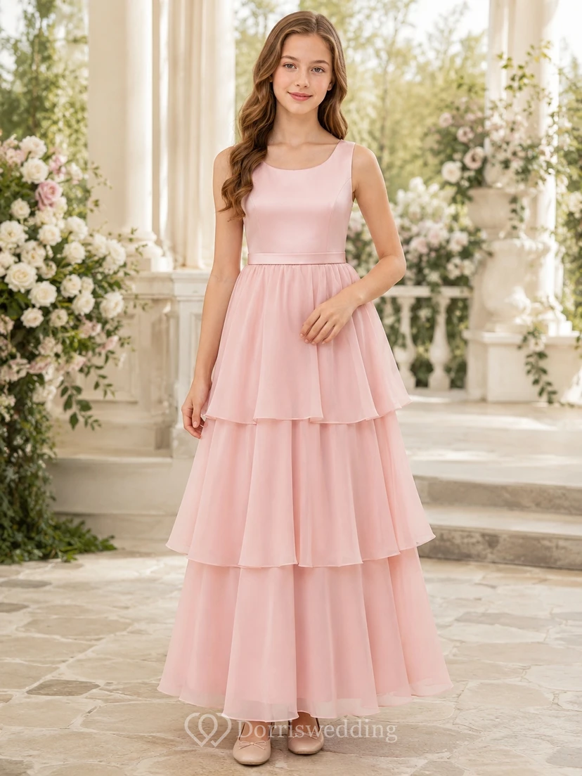Zartrosa Brautjungfernkleid, A-Linie, ärmellos, Stufenrock