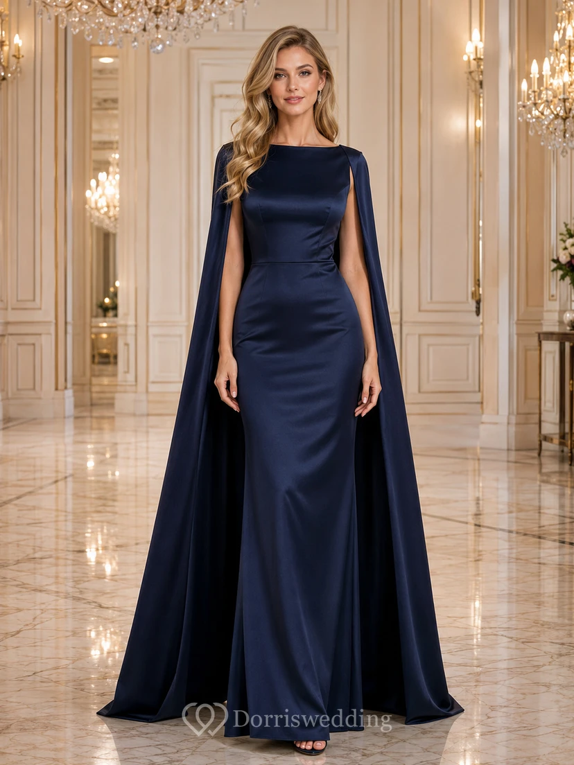 Dark Navy Cape Sleeve Satin Floor Length Evening Gown