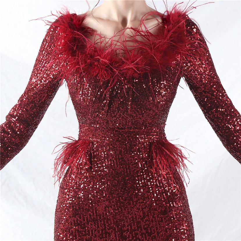 Craft-Made Ostrich Feather Long-Sleeved Beads Evening Dress view 30