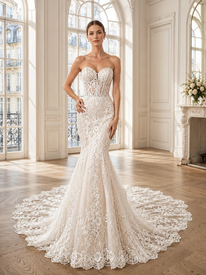 Trägerloses Brautkleid mit Herzausschnitt, Korsett, floraler Spitze, Meerjungfrauen-Schleppe und Kapellenschleppe