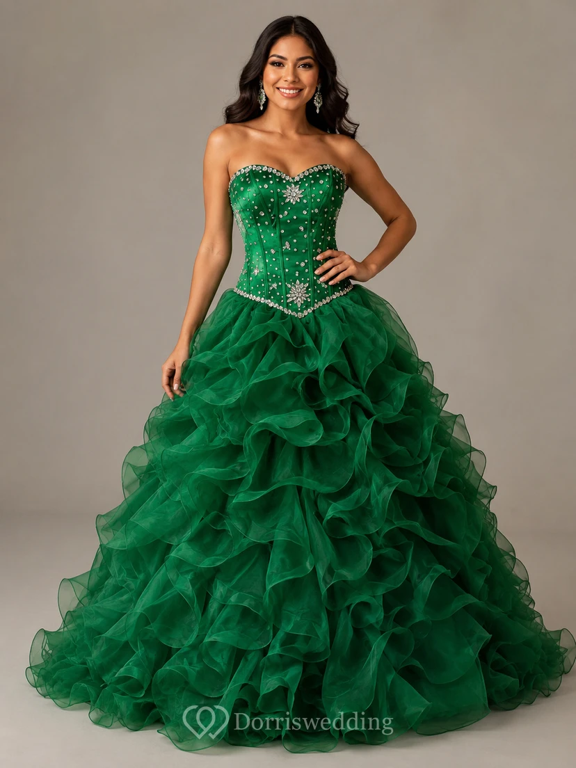 Vestido de gala largo hasta el suelo, escote corazón, sin mangas, volantes, lentejuelas y organza view 7