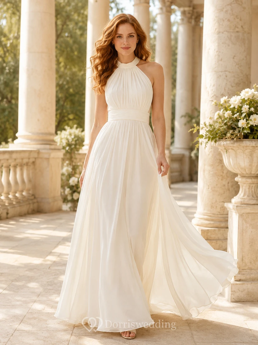 Weiches, neutrales Chiffon-Abendkleid in A-Linie mit Neckholder