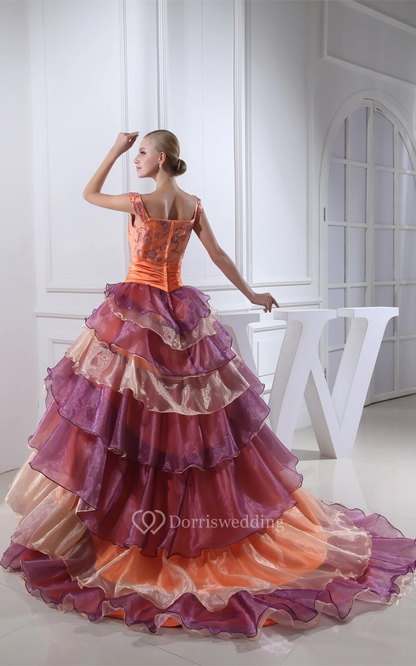 Mute-Color Square-Neck Tiers and Ball-Gown With Appliques view 5