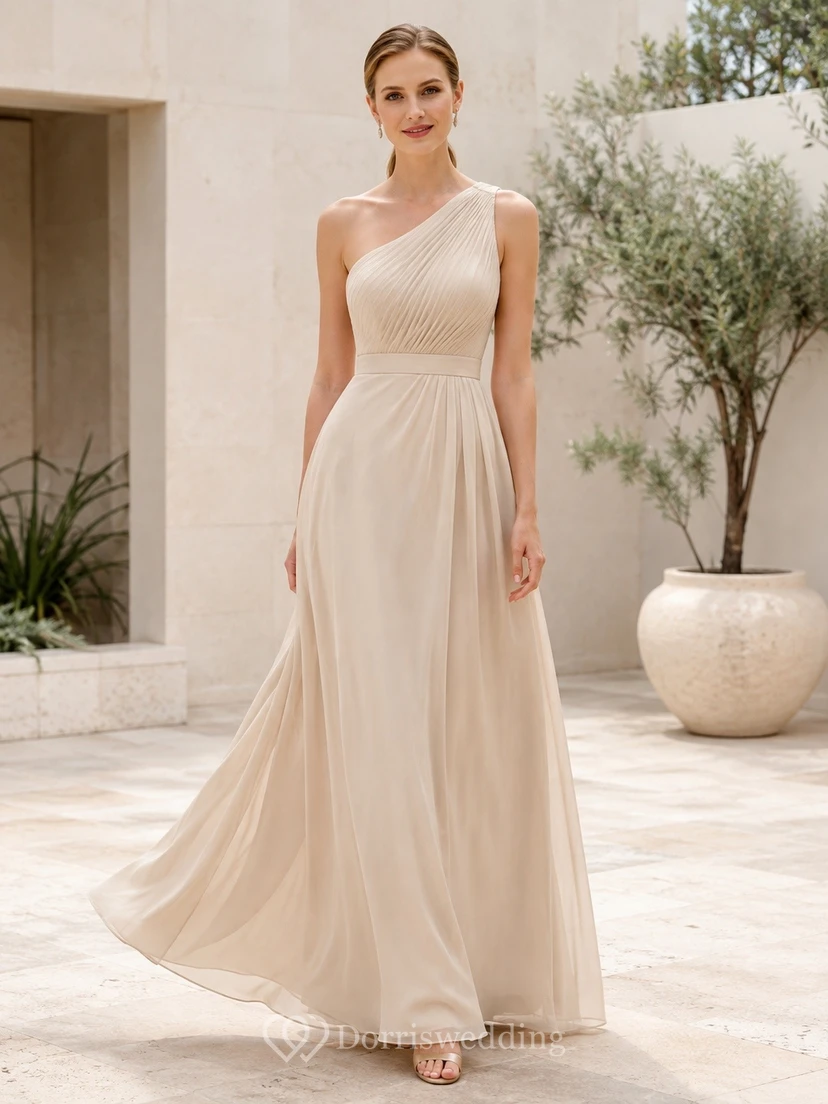 Champagne Elegant One-Shoulder Sleeveless Chiffon A-Line Floor-Length Evening Dress