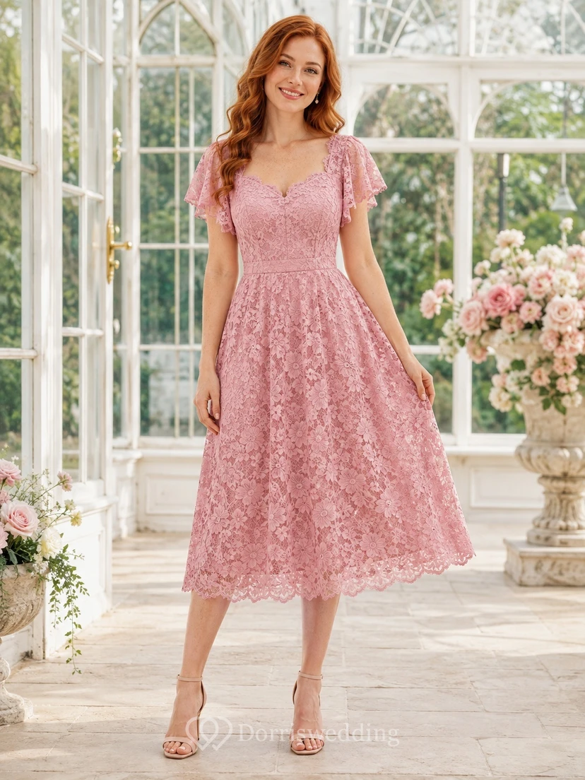 Pink Lace Scoop Neck Cap Sleeve A-Line Tea-Length Romantic Garden Guest Dress