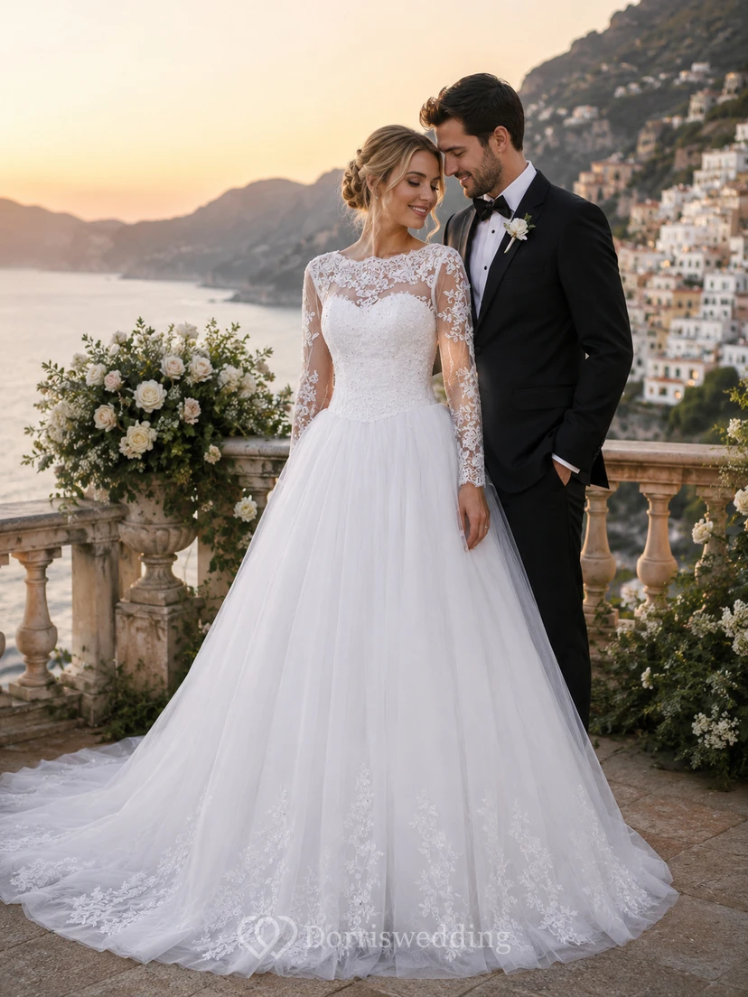 A-Line Ball Gown Long Sleeve Cathedral Train Tulle Lace Satin Dress view 3