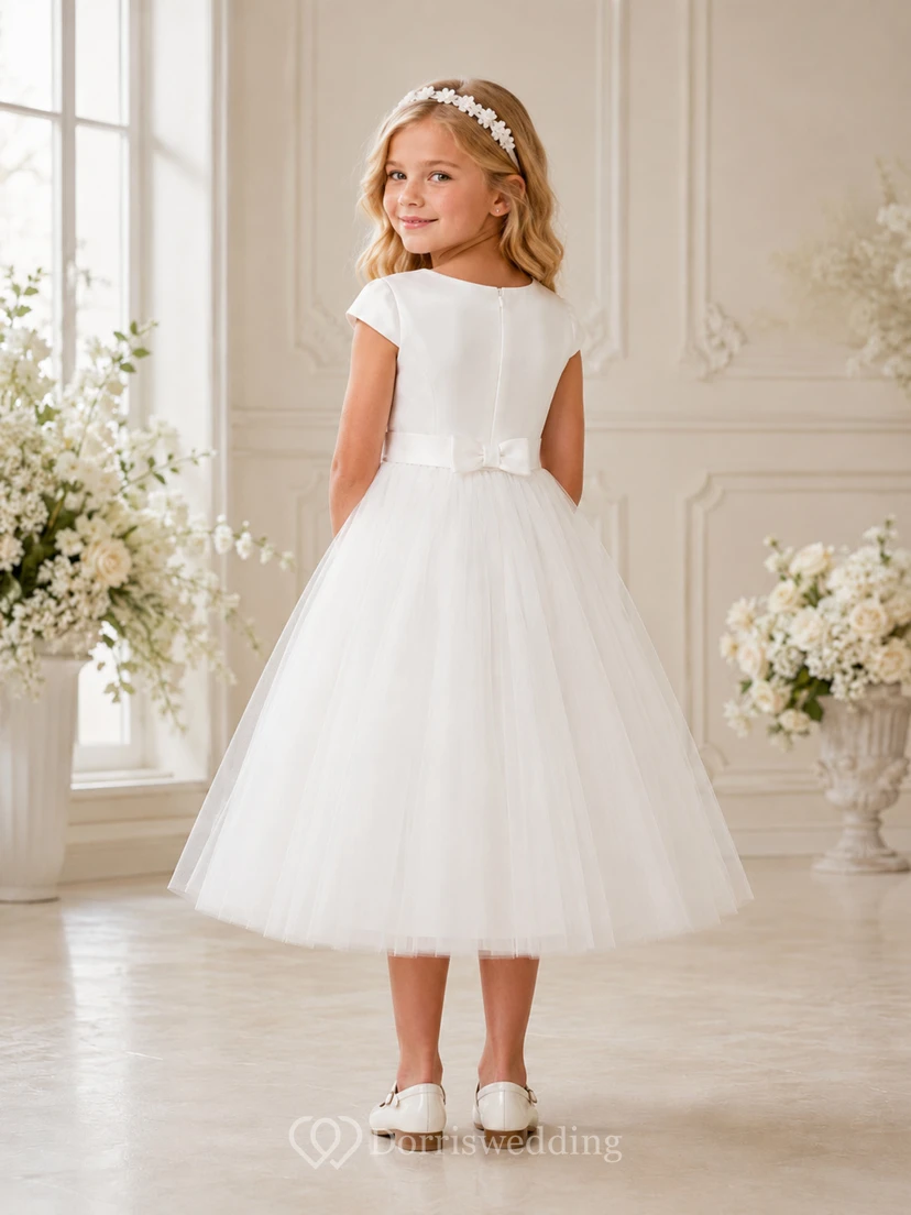 Robe de demoiselle d'honneur élégante en satin, coupe trapèze, col bateau, manches courtes, nœud en tulle view 2