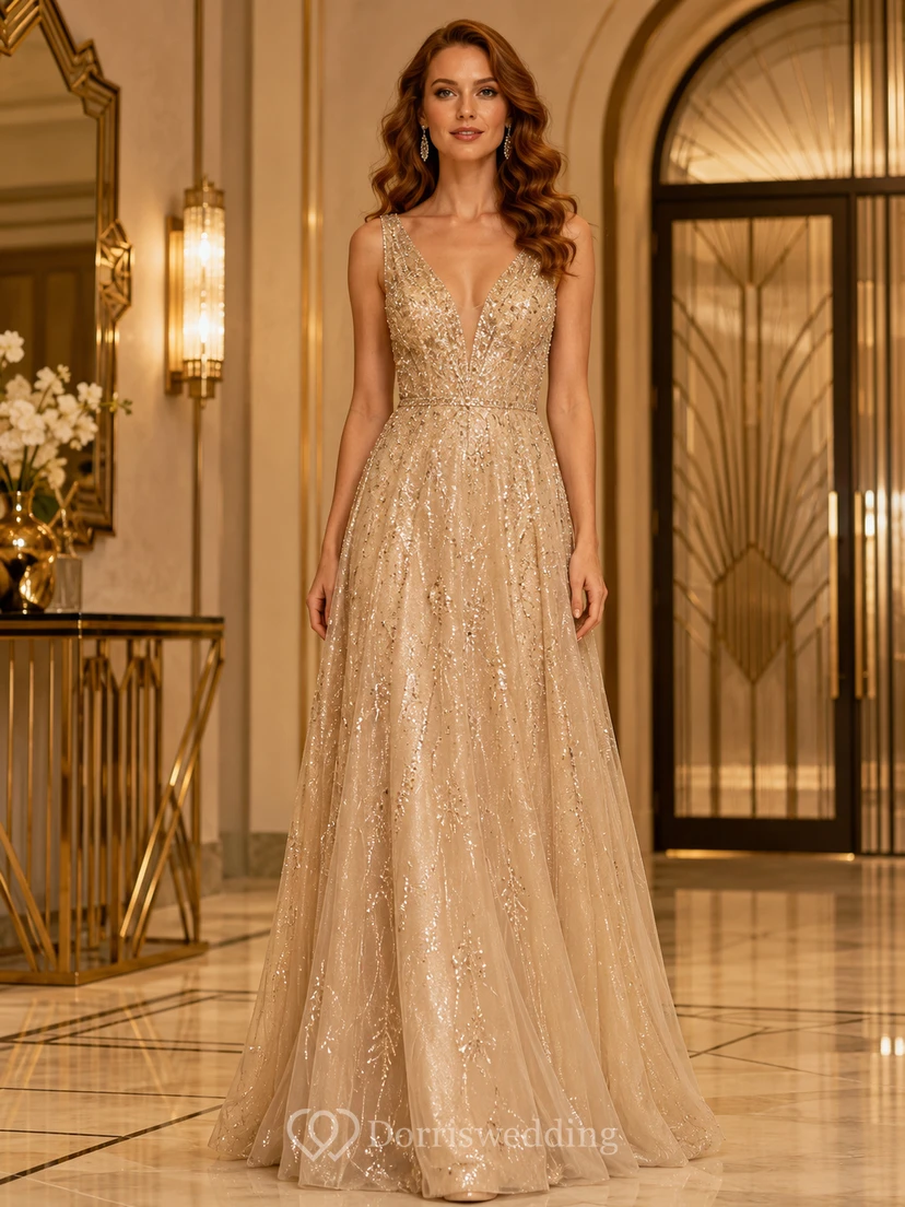 Goldener Schimmer Champagner A-Linien-Abendkleid mit V-Ausschnitt, ärmellos und Pailletten, luxuriös, bodenlang