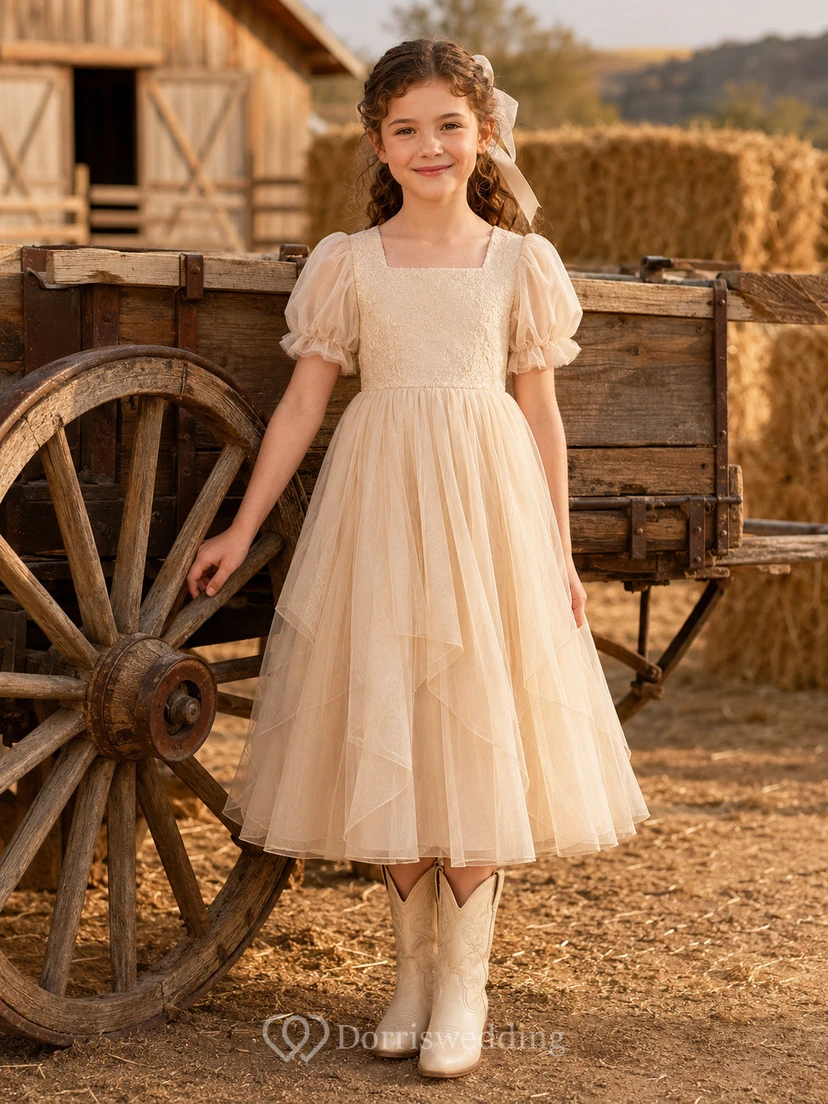 A-Line Flowergirl Champagne Tulle Tea-Length Puff Sleeve Ranch Wedding Dress