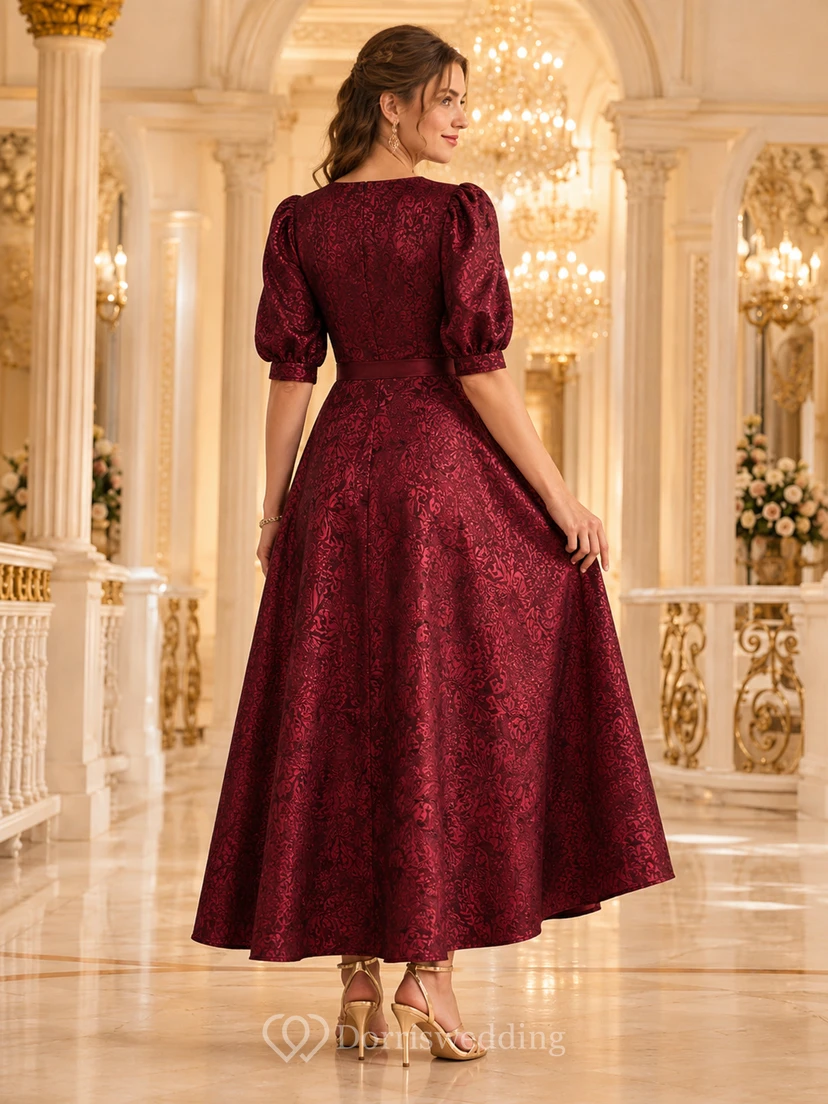 Burgundy V Neck Puff Sleeve Jacquard A Line Guest Dress view 2