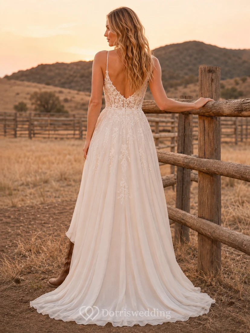 Spaghetti Strap Boho A-Line Wedding Dress with V-Neck Lace and Split Skirt view 2