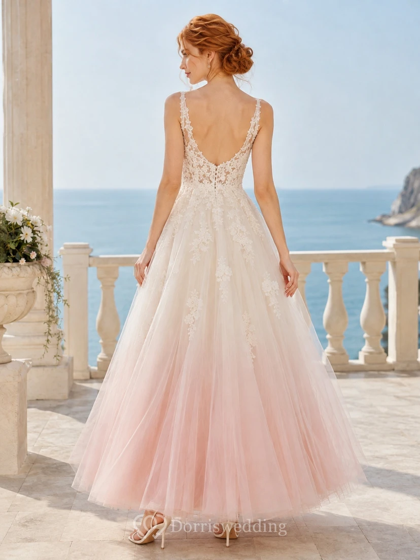 Ärmelloses, bodenlanges Brautkleid in A-Linie aus Tüll mit V-Ausschnitt und Ombré-Rosa view 2