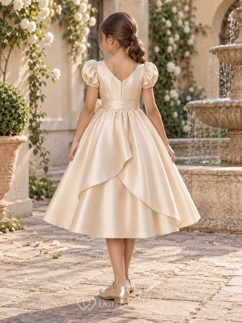 Tea-length Champagne A-line Satin Puff-sleeve Side-bow Layered V-back Flower Girl Dress view 2
