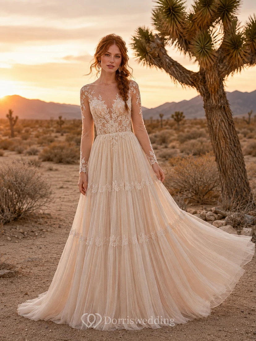 Champagne Boho Lace Bodice Tiered Tulle Desert Bridal Gown