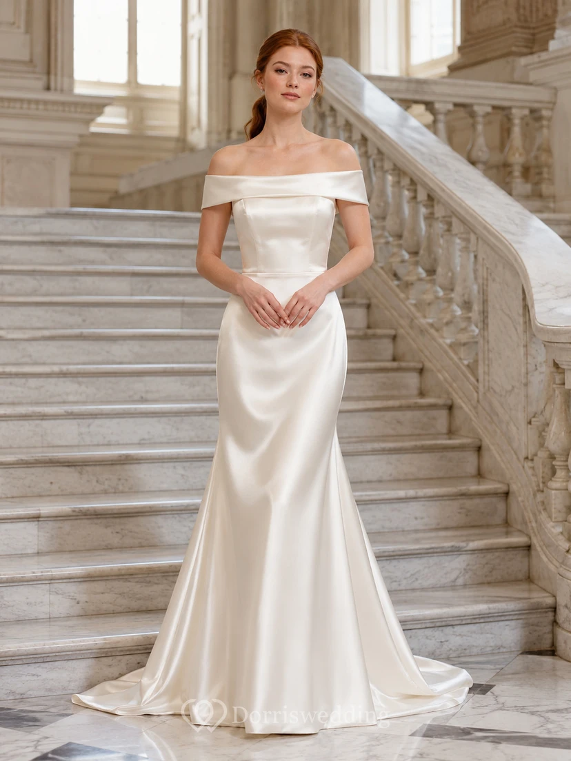 Vestido de novia minimalista de satén con escote de hombros descubiertos y cola de sirena.
