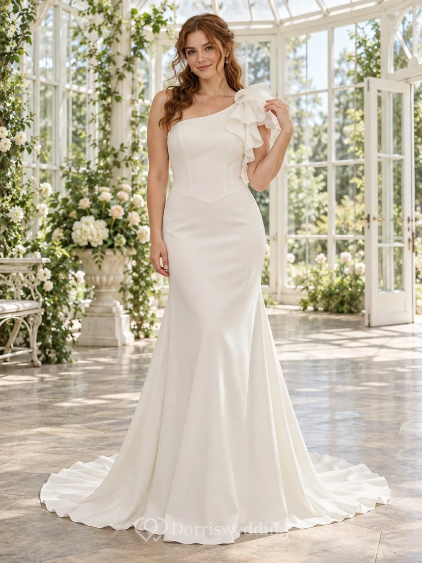Schlichtes, schulterfreies Brautkleid mit Rüschen an der Schulter, spitz zulaufender Taille und trompetenförmiger Schleppe