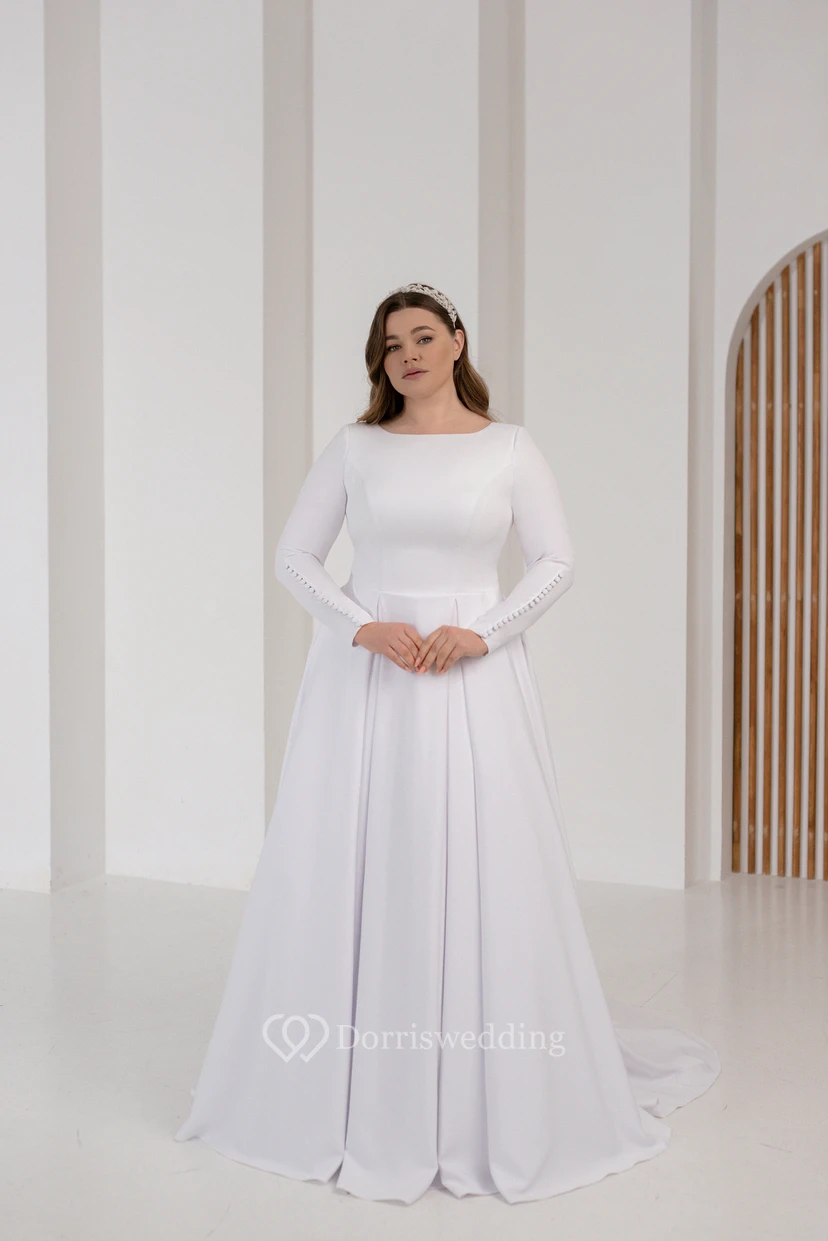 Simple Long Sleeve Satin Crepe Winter Ball Gown Wedding Dress view 8