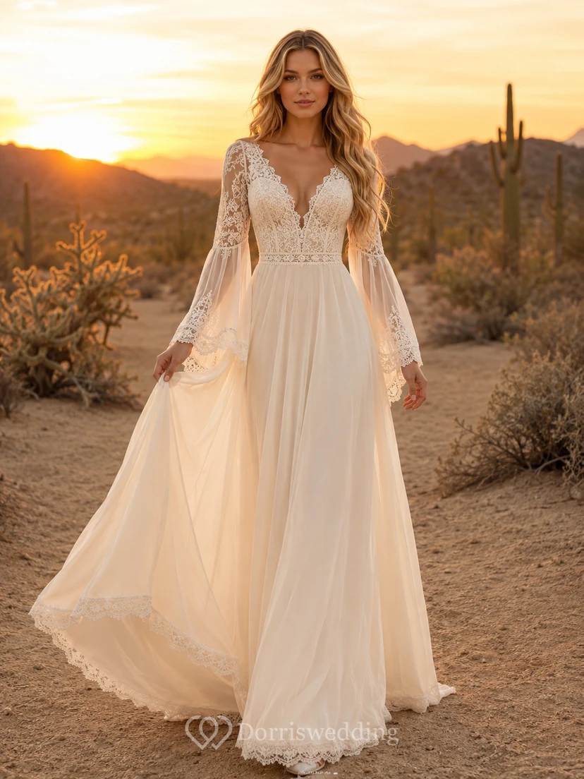 Boho V Neck Bell Sleeve Desert Elopement Bridal Gown